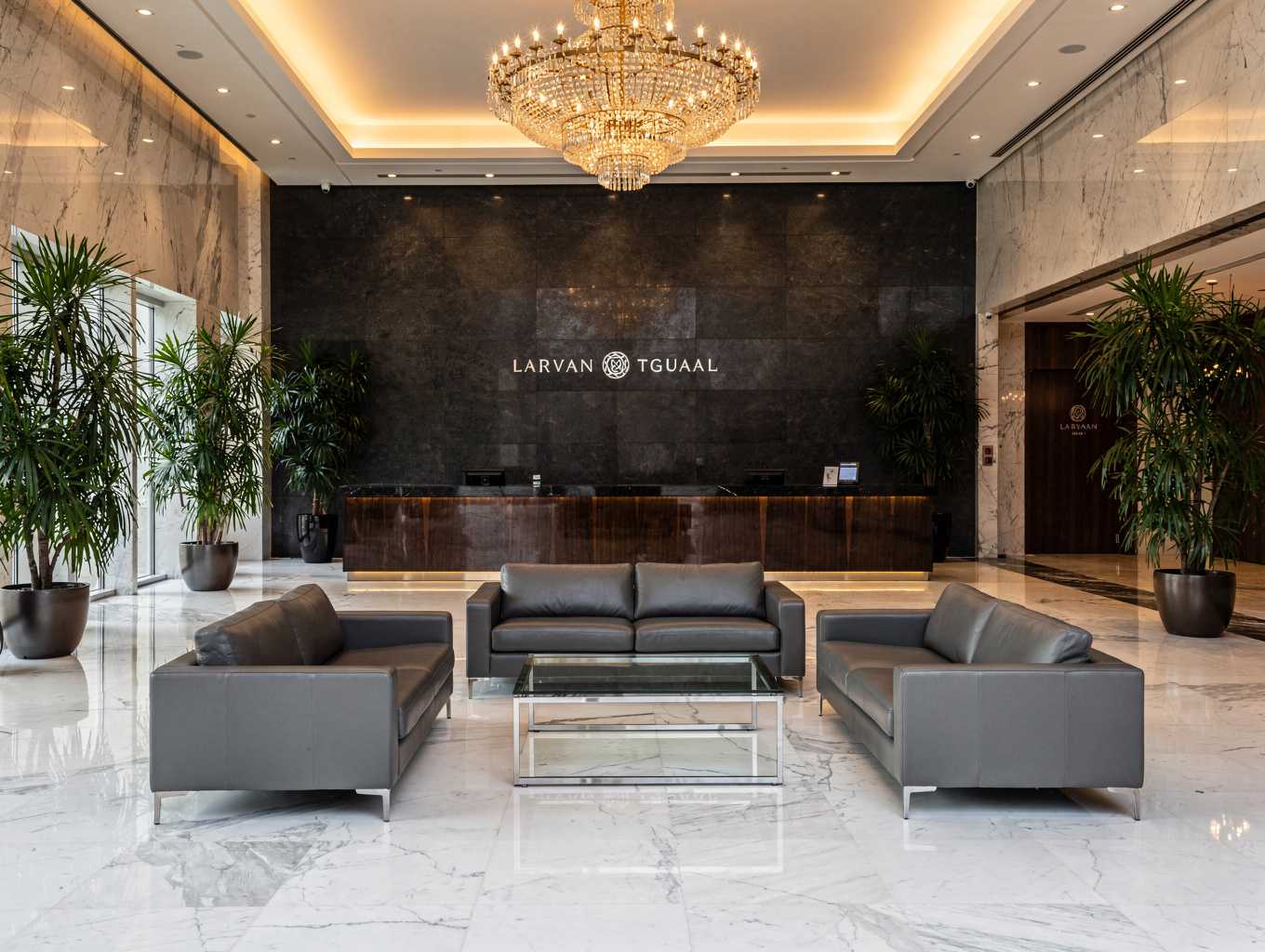 Architectural lobby with charcoal grey stone