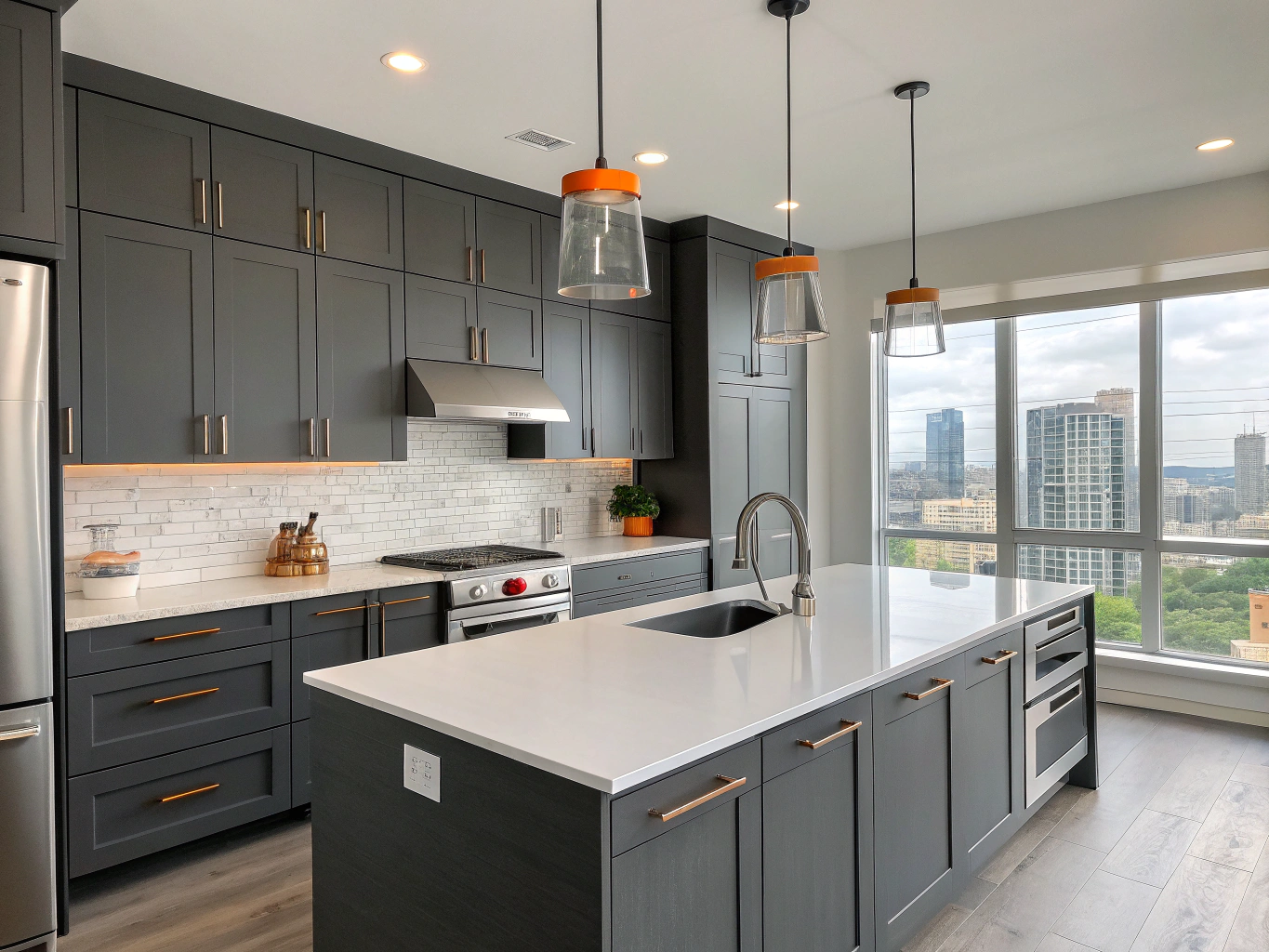 Modern kitchen with cedar accents and charcoal cabinetry